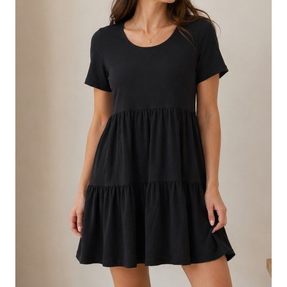 Nicole Miller Babydoll Dress Women's Large Black Short Sleeve Drapey Stretch